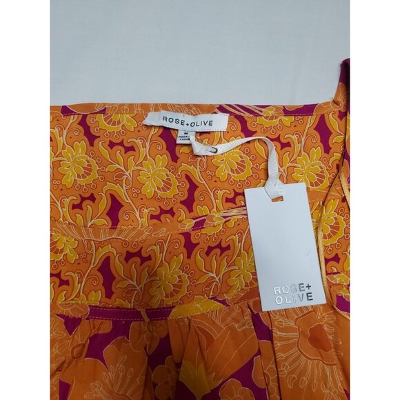 Rose & Olive Top Womens Size M Orange Short Sleeve Floral Boho Button NWT - Picture 2 of 10